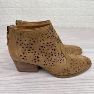 Franco Sarto Booties WMNS 6M Brown Laser Cut Ashlee Ankle Suede Block Heel Boot